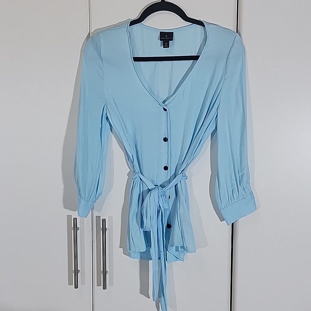 Worthington Sheer Turquoise Blouse with tie belt.